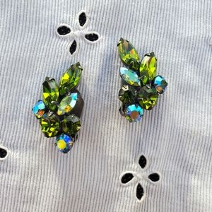 Vintage 1950s Green Navette AB Rhinestone Clip Earrings